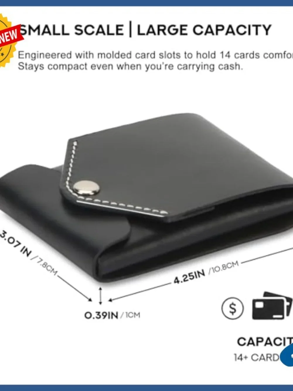 Hand-Stitched Full-Grain Leather Minimalist Bifold Wallet Slim Large Capacity